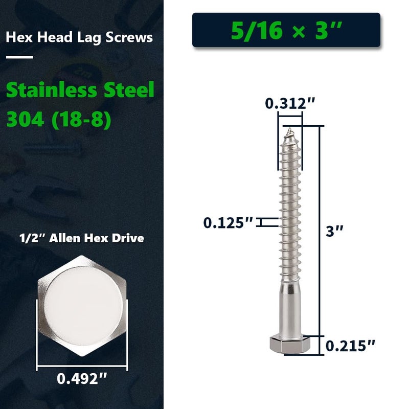 RoyceMart 10-Sets 5/16 x 3 Hex Head Lag Screws & Flat Washers, Heavy Duty Lag Wood Screws, 304 Stainless Steel (18-8), 5/16" Bolt - Image 2